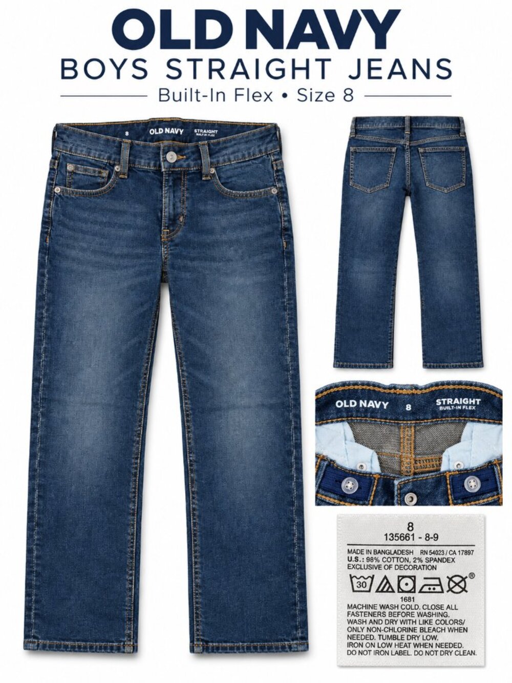 Old Navy Boys Straight Built-In Flex Jeans Size 8 Dark Wash